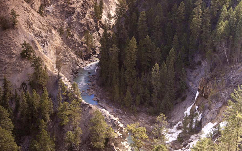 Ariel view of a river in a canyon.