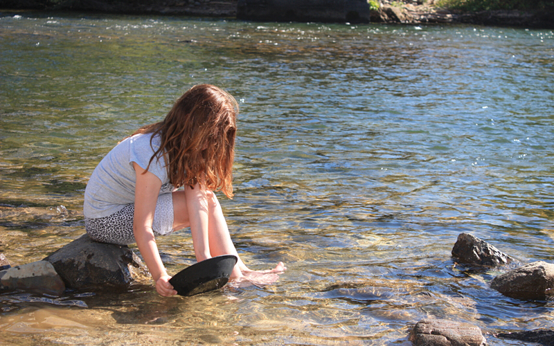 Image of young girl panning for gold in a stream.