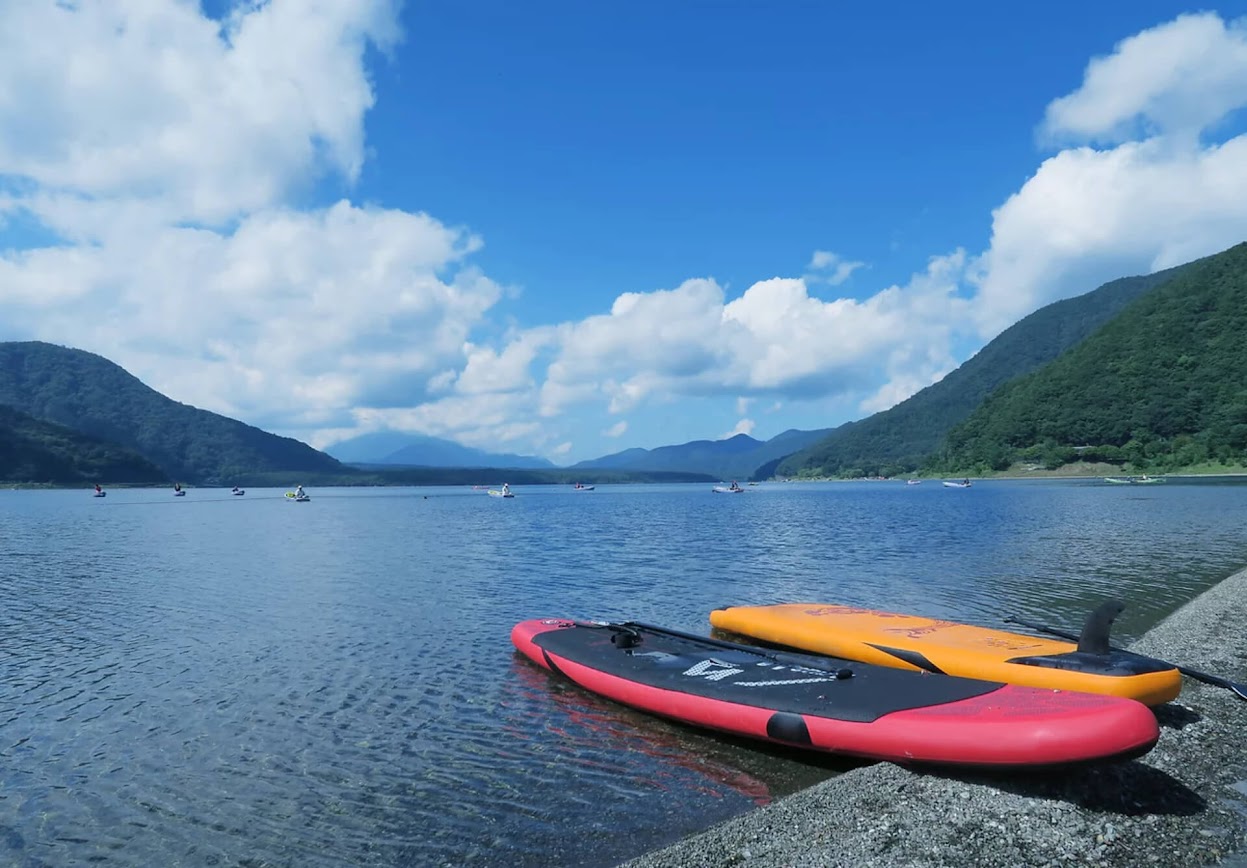 Two paddleboards resting on the shoreline of a calm lake surrounded by mountains near Invermere, BC